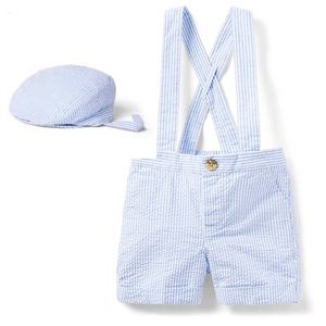 NWT Janie and Jack Baby Boy's Seersucker Suspender Shorts and Newsboy Hat